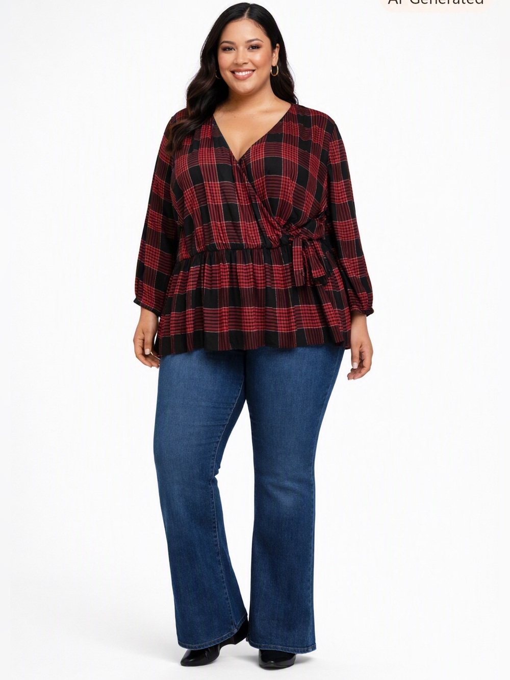 Lane Bryant Red Plaid gold stripes Faux Wrap Tie Front office Blouse Size 20